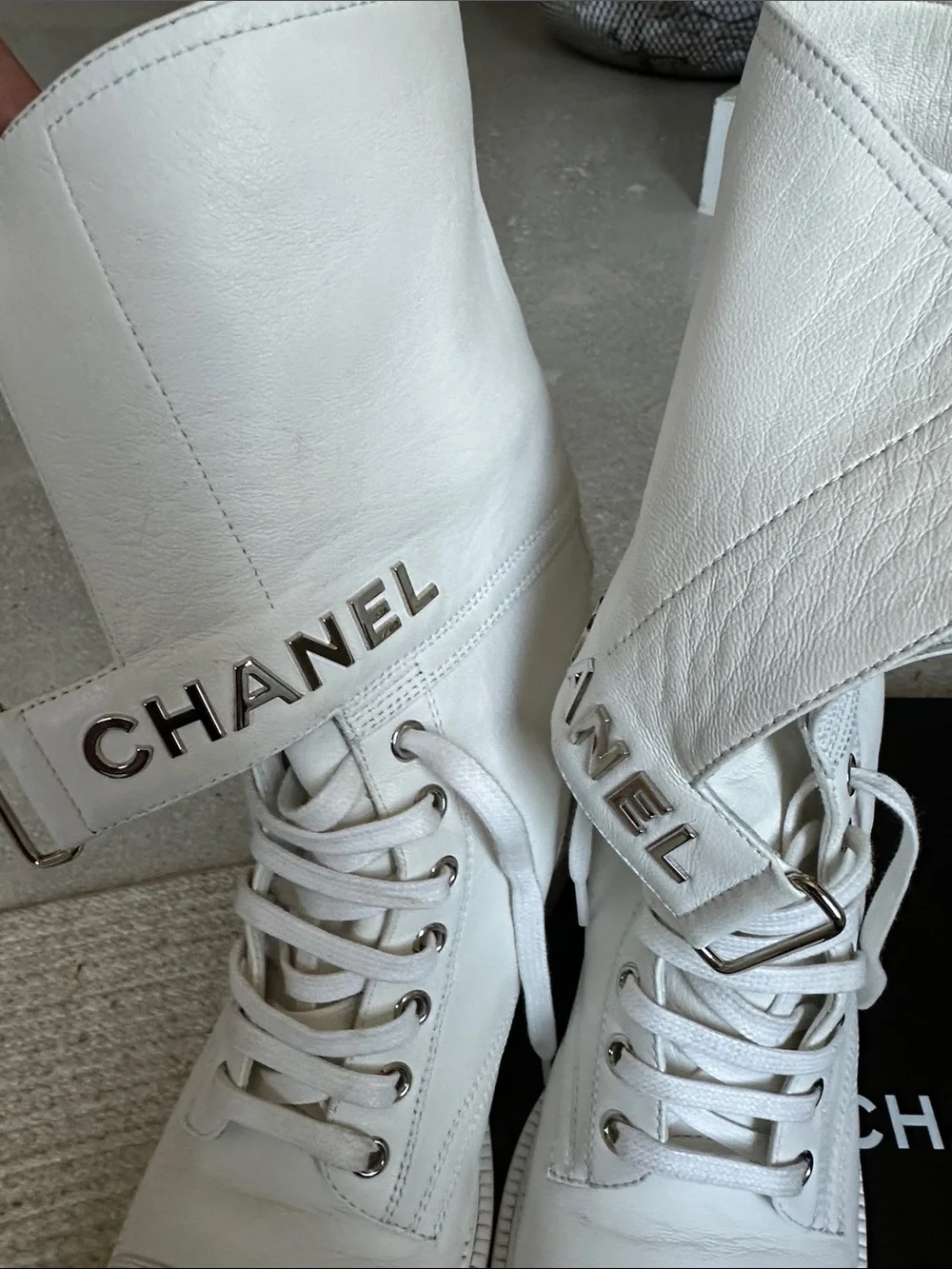 CHANEL White Leather Lace-Up Ankle Combat Boots with Logo